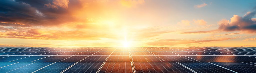a solar panel field at sunset with a golden sky, the sun casting a bright glow over the panels.