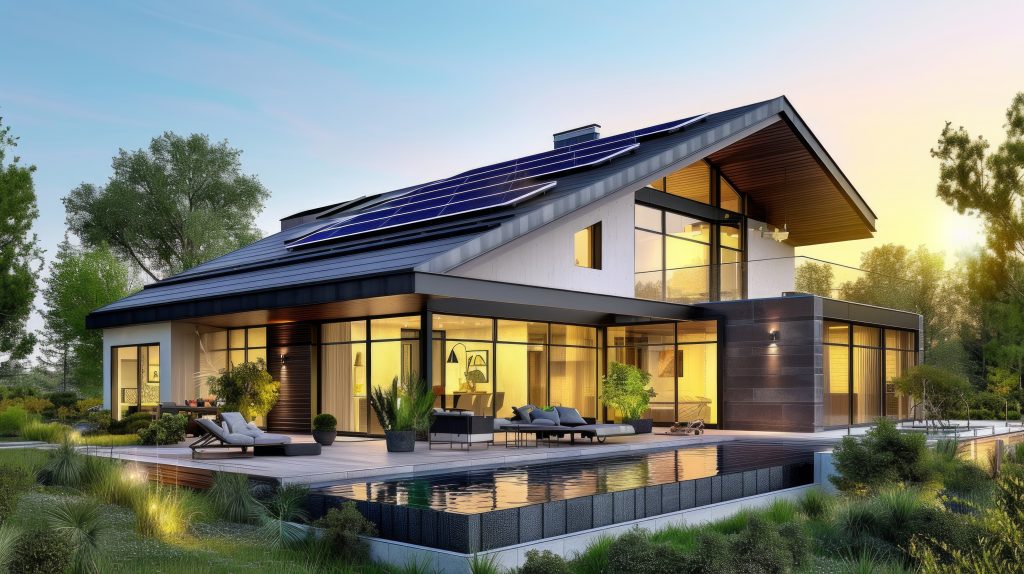 modern english style house with solar panels on the roof