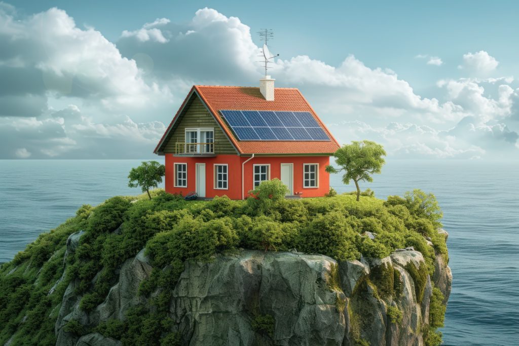 traditional home with modern sustainable technology. an image contrasting a traditional house with a modern twist, featuring a green roof and solar panels, set against a picturesque landscape.