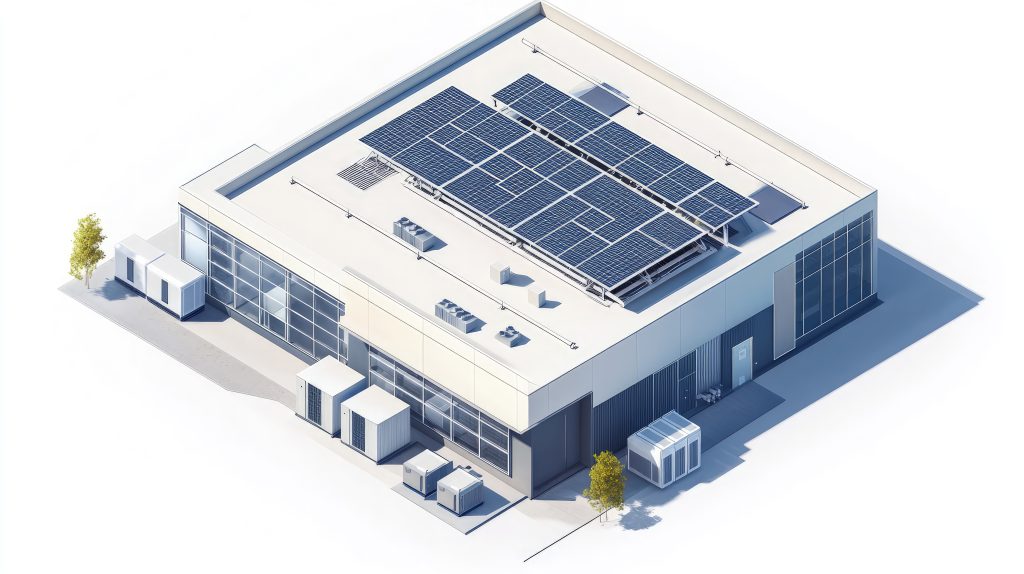 isometric building utilizes solar panels for energy efficiency featuring trees and air conditioning units outside it