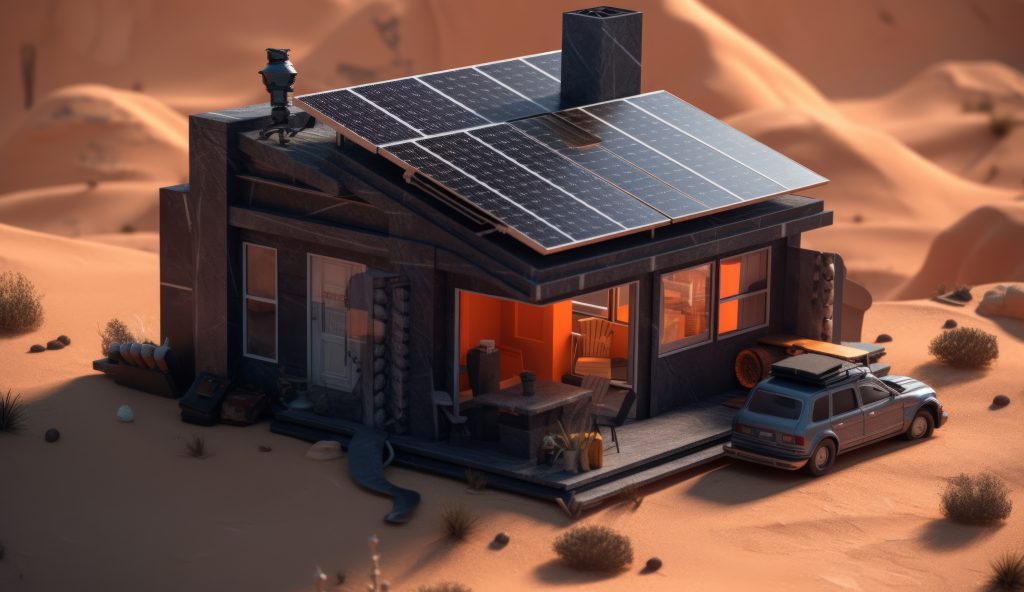photorealistic fantasy house in the desert, equipped with solar panels for sustainable energy solutions. generative ai