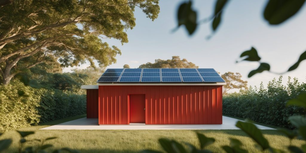 red house with solar panels and green surroundings.